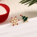 Golden snowflake and green Christmas tree asymmetrical stud earrings with festive background - Asymmetric Snowflake Tree (EAR0057)