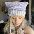 Handmade cat ear crochet beanie in purple and grey stripes with a pink star patch - Adult 56-59cm / Light Grey+Light Purple Star