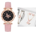 Pink leather watch set with butterfly jewelry in rose gold finish and rhinestone details - Pink Butterfly Set (Orange Box)