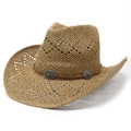 Klassischer Stroh-Cowboyhut mit breiter Krempe und Metallbeschlägen auf Lederband-Deko - M (56-58cm) / Khaki