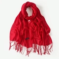 Soft red faux cashmere scarf with fringe and Cashmere label on white background - Wine Red