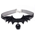 Detail of gothic black lace choker with PU bat wings and metal bell on white background - 8# Black Bat Wings Black Bell Mesh Choker