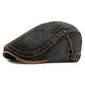 Béret rétro en denim délavé gris foncé avec détails en cuir brun et boucle - Réglable / Noir
