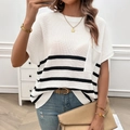 White knit short sleeve t-shirt with black stripes and a chest pocket for women - S / White