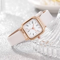 Elegant women's quartz watch with square rose gold case and white leather strap - White