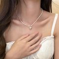 Square pearl necklace with silver beads and polished heart pendant on model - Silver Heart Pearl