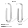 Polished silver stainless steel U-shaped drop earrings with 65mm long oval design - Silver (EH815)