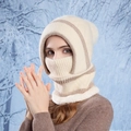 Beige striped fleece-lined knit hood with integrated neck warmer and soft faux fur trim - Beige