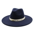 Detail of navy blue wool fedora hat featuring a white leather band with gold rivets - M(56-58cm) / Navy Blue