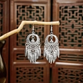 Ethnic style silver peacock tassel earrings with hollow heart and hanging metallic drops - Silver Hollow Disc Tassel Style 2(E5686)