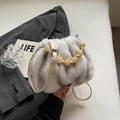 Faux mink fur bucket bag in white-grey marble pattern with beaded handle and shoulder strap - Leopard White