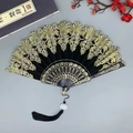 Classic black Chinese folding fan with gold lace embroidery and long silk tassel - With Large Tassel / Black