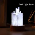 Cold white light variant of selenite crystal cluster lamp with round wooden base - Selenite Cold Light Lamp - Small