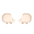 Close-up of minimalist rose gold hedgehog stud earrings with a sleek cartoon silhouette - Hedgehog / Rose Gold