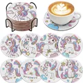 DIY diamond painting coaster set with 8 unicorn designs and a black metal holder - Dreamy Unicorn Rainbow Style (BD997)