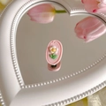 Pink heart-shaped base hair clip with white resin flower and green leaf detail - 3D Little Flower (Single)