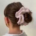 Chic pink and beige ruffled crochet scrunchie for women hair styling accessory - White + Pink Edge
