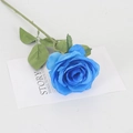 Single royal blue velvet artificial rose with dark green leaves and realistic stem - Large Round Blue