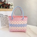 Pink, white and blue handwoven picnic tote bag with cylindrical handles for summer - Plain Plaid / Pink Main Color Horizontal Stripe