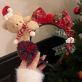 Christmas headband featuring plush brown bear with festive bow and Merry Christmas ribbons - 1# Fairytale Christmas Bear Headband-Red Green Plaid