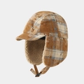 Close-up of vintage distressed plaid trapper hat with warm thick sherpa lining and earflaps - Kids 3-7 Years / Khaki