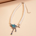 Elegant ocean style pearl necklace featuring a blue starfish pendant with rhinestones - Blue Starfish Pearl Necklace