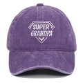 Detailed close-up of white Super Grandpa embroidery on purple washed cotton baseball cap - Adjustable / Purple