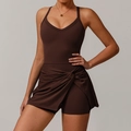 Dark brown tennis dress featuring a cross-waist knot design and built-in safety shorts - Coffee