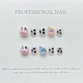 Korte vierkante cowprint kunstnagels met 3D cartoonmotieven en zilveren glitterlak - Extra Klein (XS)