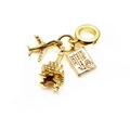 Macro shot of gold Eiffel Tower and airplane pendants with Wish you were here engraving - Travel Theme/Eiffel Tower