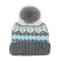 Détail d'un bonnet en tricot Fair Isle avec motifs colorés et pompon en fausse fourrure grise - M (56-58cm) / Gris