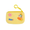 Detail of yellow plush unicorn coin purse with plastic hook and Happy embroidery - Yellow
