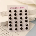 Lot de 24 boucles d'oreilles boules en acier inoxydable noir sur carte d'exposition - Noir (8mm)