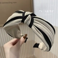 Knitted wide-brimmed knotted headband with chic black and beige stripes for women - S21 Beige Striped Knot Style