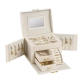 Three-layer cream white faux leather jewelry organizer box with drawers and side panels - White