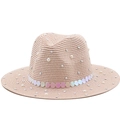 Cappello Panama da donna con perle bianche e nastro di paillettes rosa per la spiaggia - M (56-58cm) / Rosa