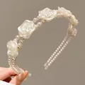 White pearl headband with resin rose details for girls and elegant floral design - Style 4 Camellia Fairy