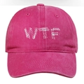 Close-up of pink washed cotton baseball cap featuring white WTF embroidery detail - One Size / Rose Red