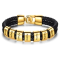 Custom black double braided leather bracelet with seven gold-plated name-engraved beads - Gold Clasp - 7 Names