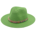 Green Panama straw fedora hat with colorful bohemian beads and sparkling rhinestone accents - One Size / Green