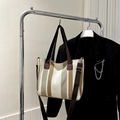 Brown and beige vertical striped canvas tote bag with adjustable brown shoulder strap - Khaki