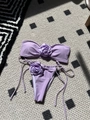Violet bandeau bikini set with 3D handmade roses and side-tie high cut bottoms - Light Purple