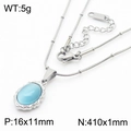 Silver steel necklace with oval blue cat eye stone and decorative fan-shaped lace edge - Steel Color - Oval Style