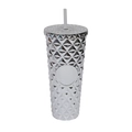 Silver studded plastic straw cup with diamond textured finish and matching lid - Electroplated Silver