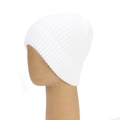 Elastic white core-spun yarn knitted beanie with ribbed texture on a wooden mannequin - One Size / White