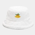 Detailed view of Christmas bell embroidery on white plush faux fur bucket hat - M / Christmas Bells Pattern White