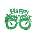 Green glitter Happy New Year party glasses frame with holly leaves and white snowflake patterns - Style 39 Happy New Year Green Glitter