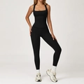 Women's black yoga set with square neck sports bra and high waist leggings with side pockets - 2044 Vest + 2030-1 Pants - Premium Black