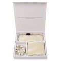 Champagne silk gift set with sleep mask, scrunchie and pillowcase in an elegant gift box - Quicksand Gold