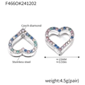 Silver stainless steel heart stud earrings with multicolored Czech diamonds and snap closure - Steel Heart Mixed Color Rhinestone